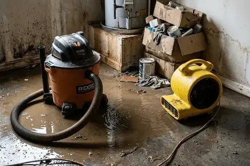 A shop vacuum and an air mover on a wet floor beside a water heater