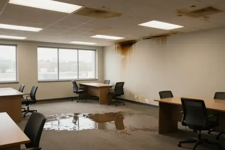 Office with water-stained ceiling tiles and a soaked floor