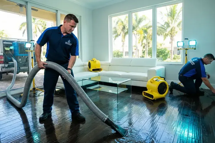 A restoration technician extracting water inside a water-damaged home