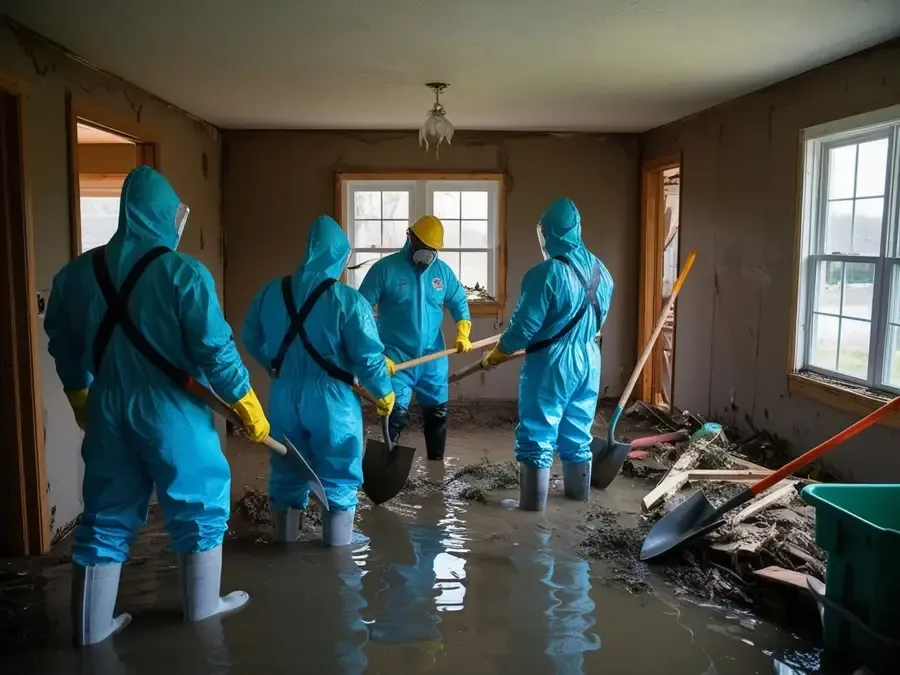 Crew in protective suits and boots clearing flood water and debris from a room for Bellflower storm cleanup