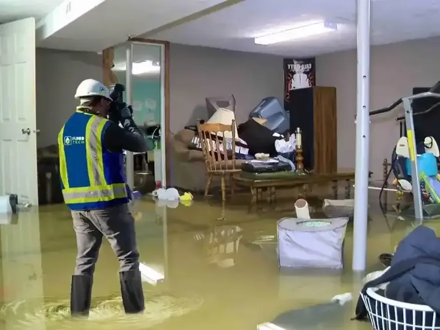 Storm and flood water cleanup underway inside a home