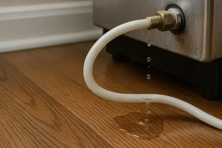 An ice maker supply hose dripping onto a wood floor behind a refrigerator