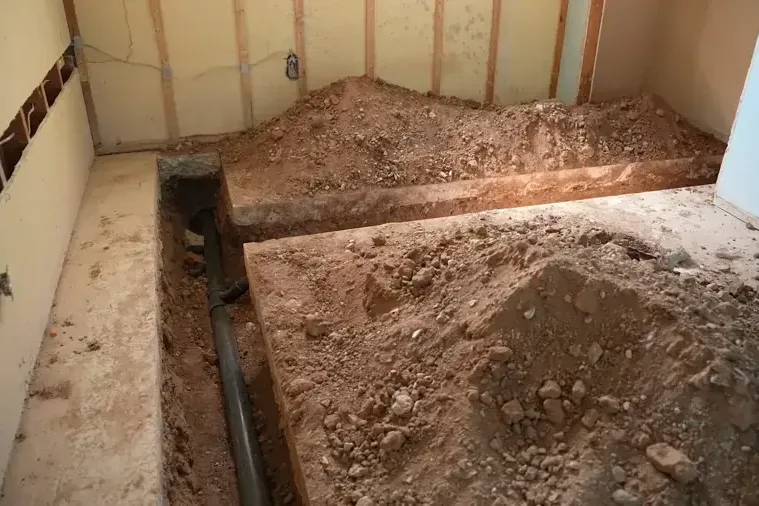 A trench cut through a concrete floor slab to reach the leaking pipe below