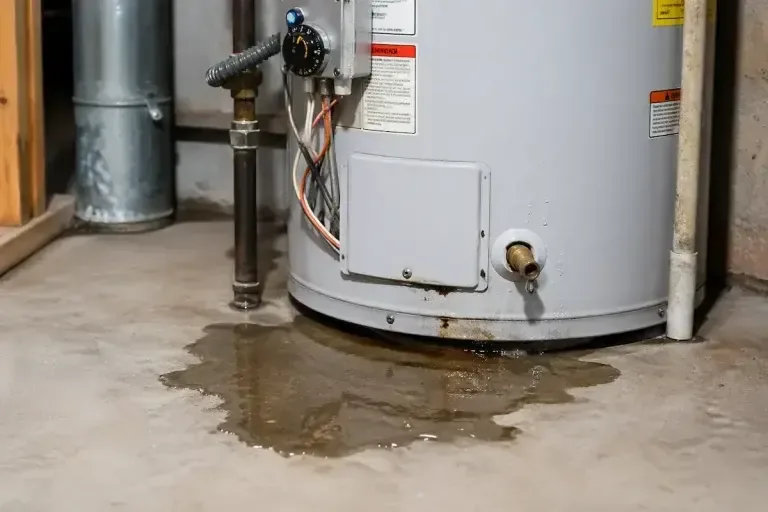 Water pooled beneath a failed water heater tank in a utility space